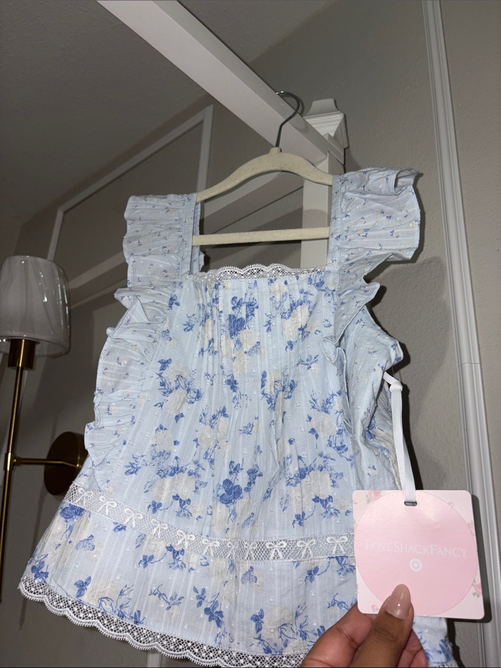 LoveShackFancy Light Blue Floral Ruffle Blouse for Girls